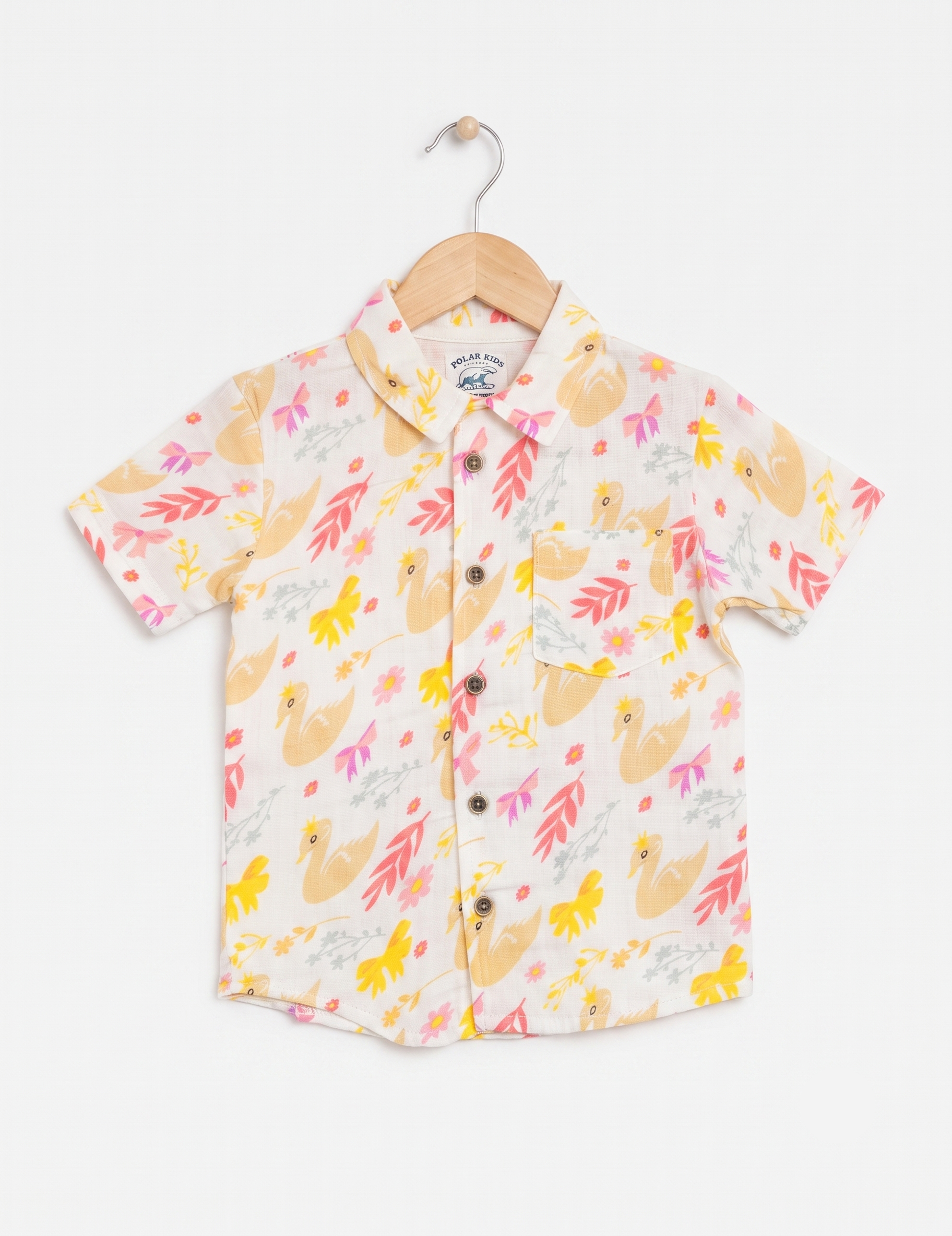 White Floral Swan Print Muslin Short-Sleeve Shirt and Shorts Co-Ord Set