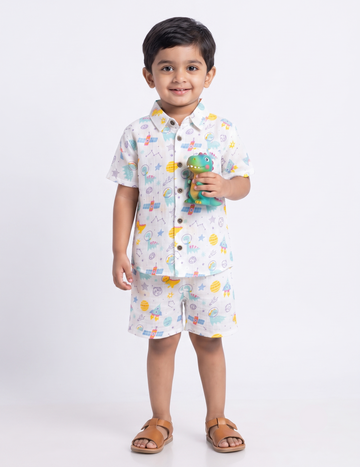 Outer Space Dinosaur Print Muslin Short-Sleeve Shirt and Shorts Co-Ord Set