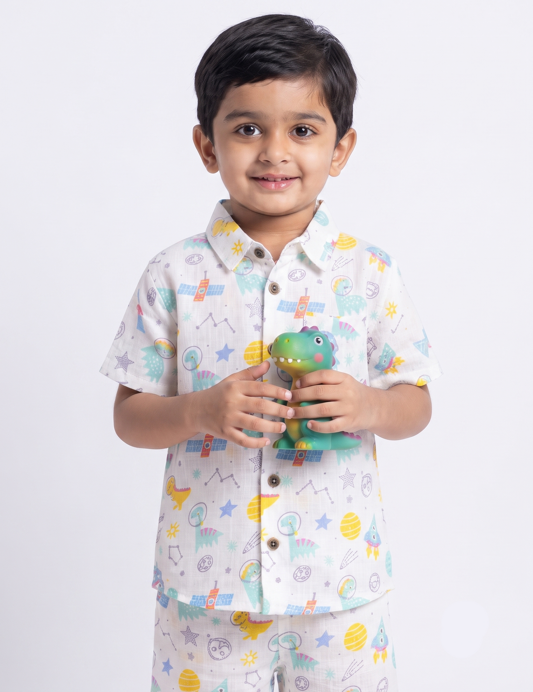 Outer Space Dinosaur Print Muslin Short-Sleeve Shirt and Shorts Co-Ord Set