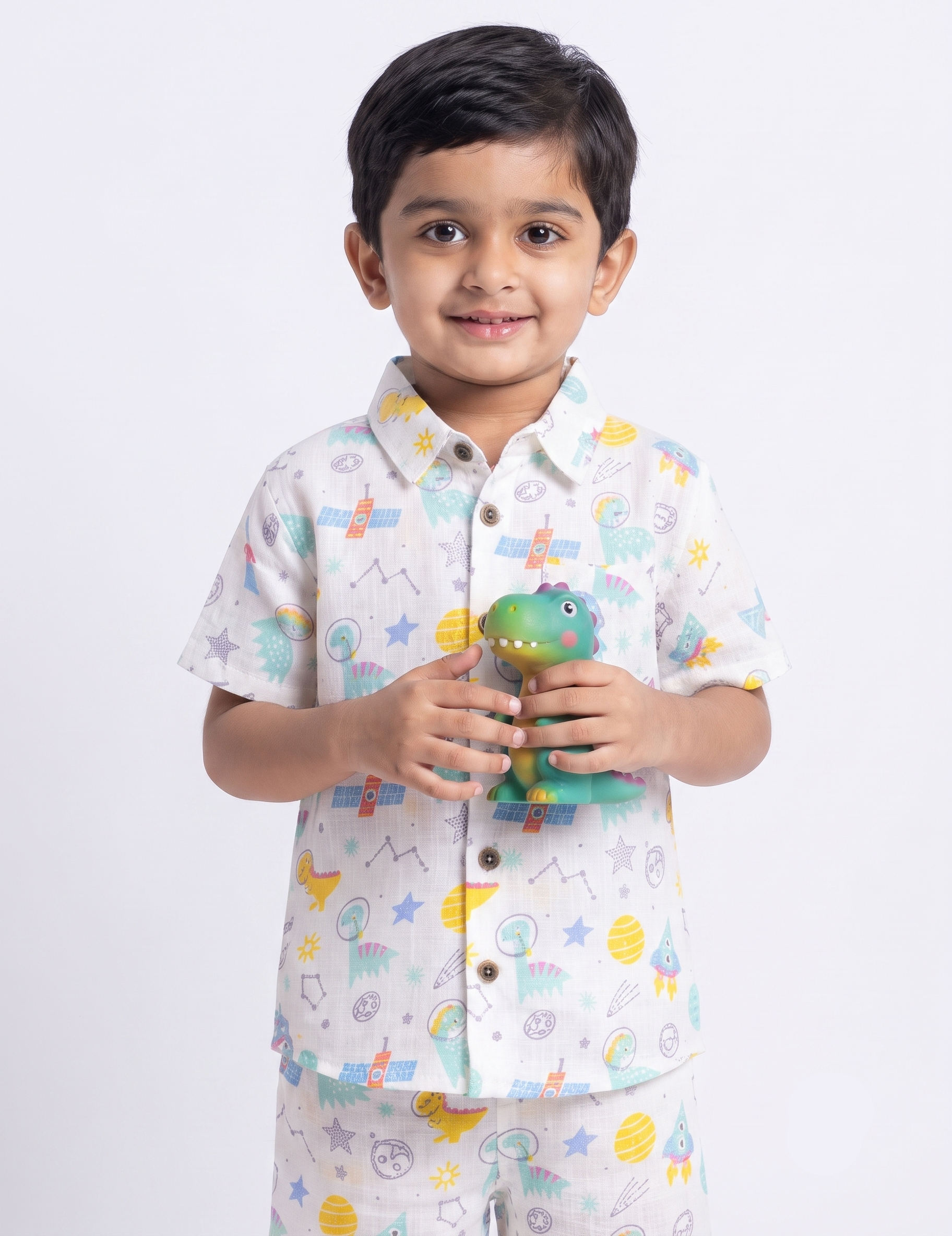 Outer Space Dinosaur Print Muslin Short-Sleeve Shirt and Shorts Co-Ord Set