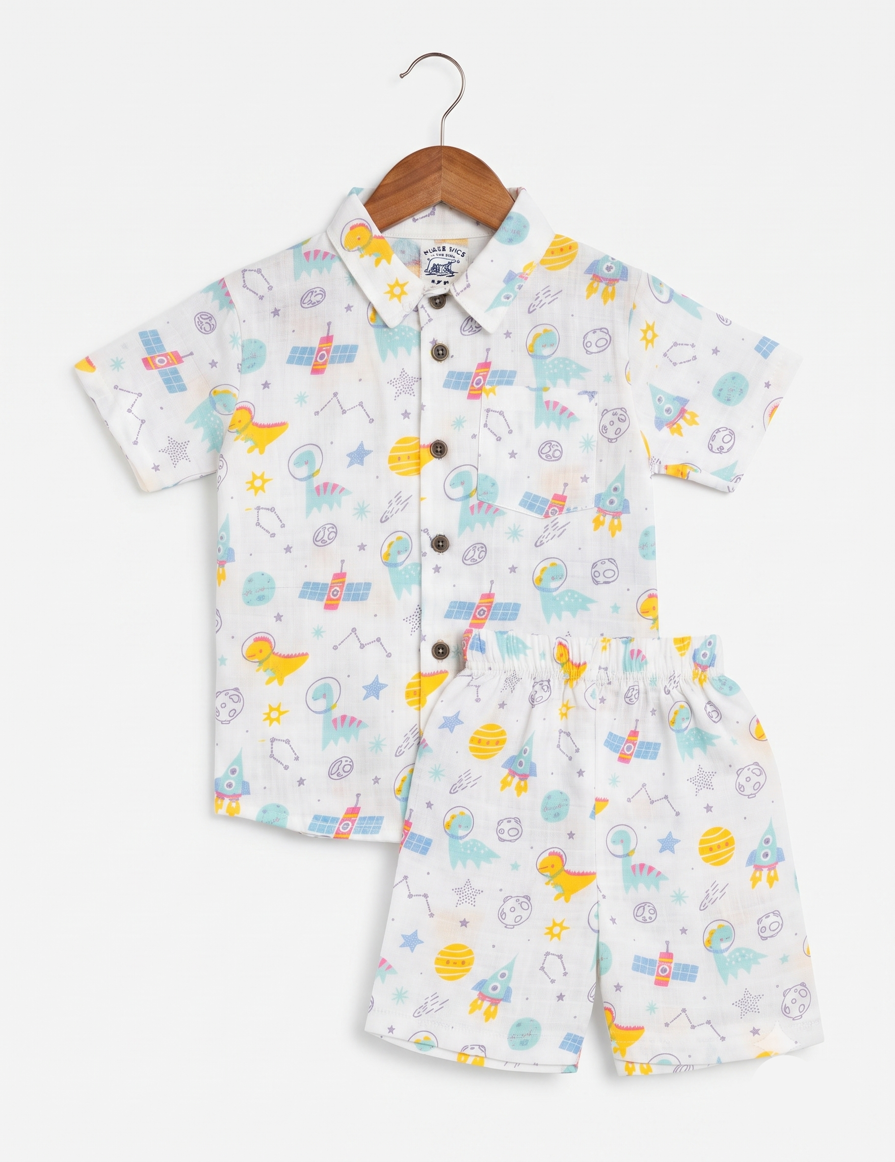 Outer Space Dinosaur Print Muslin Short-Sleeve Shirt and Shorts Co-Ord Set