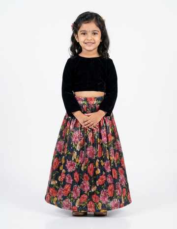 Girls' Black Velvet Choli with Floral Sequin Pleated Lehenga Set