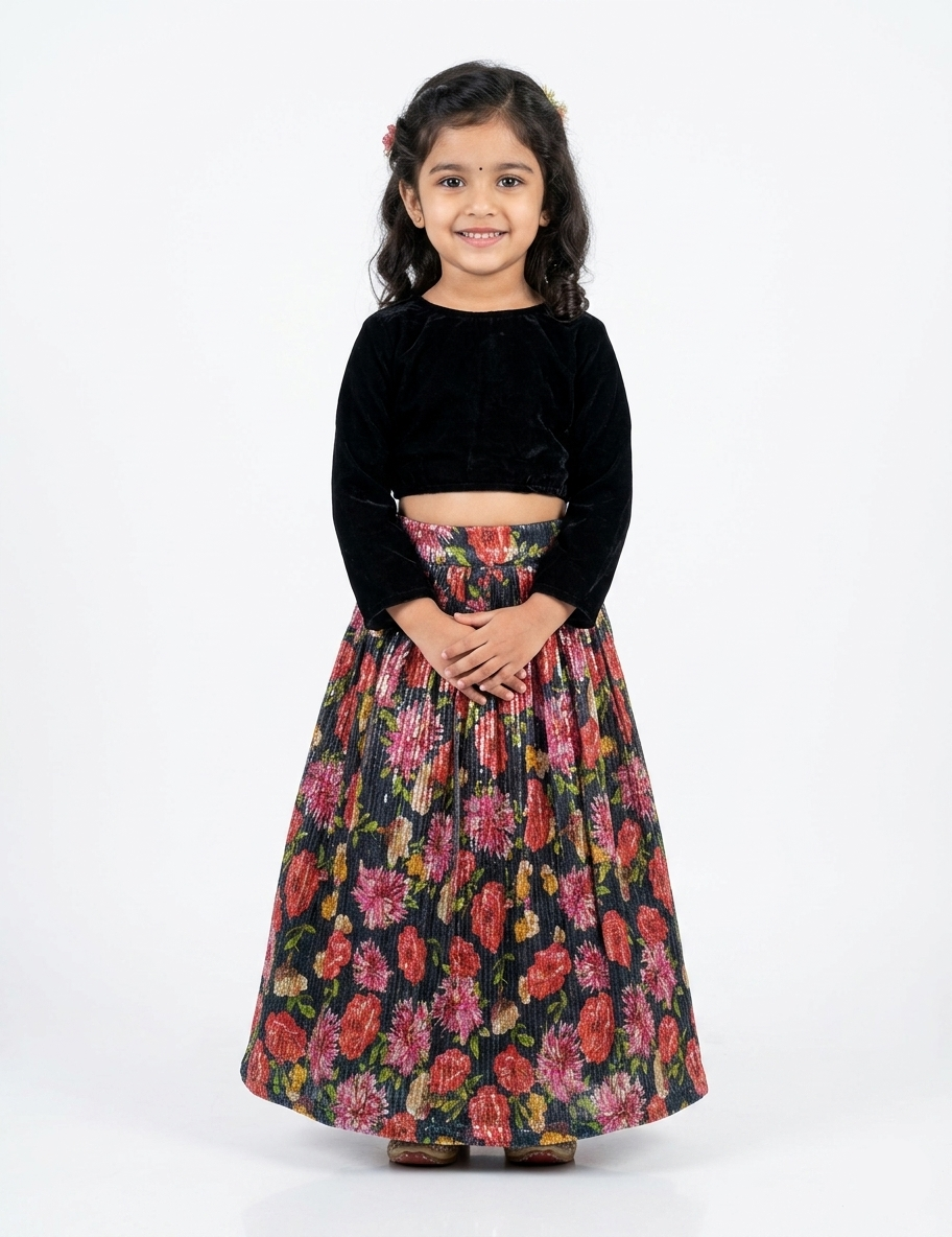 Girls' Black Velvet Choli with Floral Sequin Pleated Lehenga Set