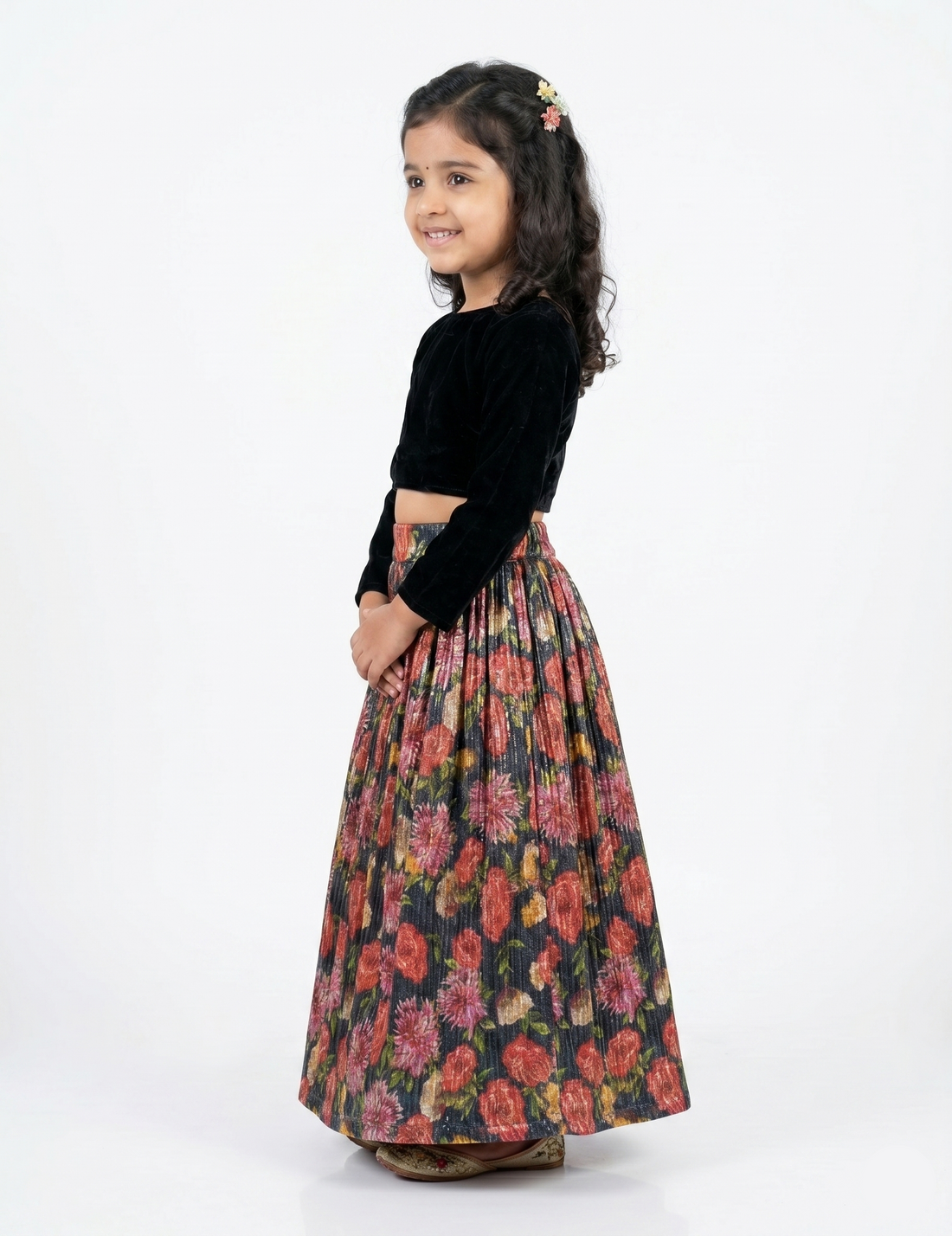 Girls' Black Velvet Choli with Floral Sequin Pleated Lehenga Set