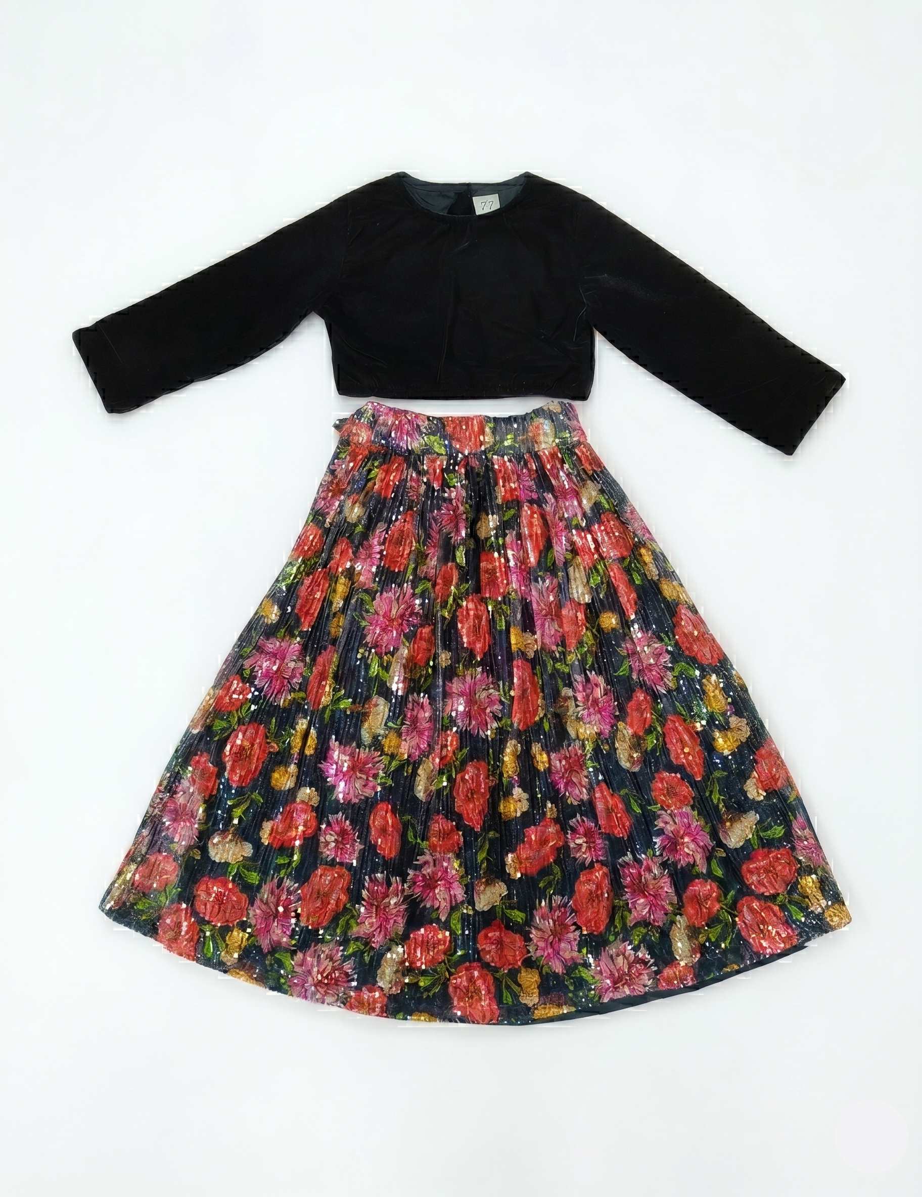 Girls' Black Velvet Choli with Floral Sequin Pleated Lehenga Set