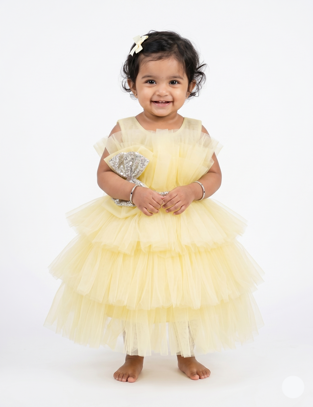 Yellow Tulle Ruffle Party Dress with Sequin Bow