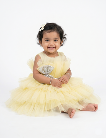 Yellow Tulle Ruffle Party Dress with Sequin Bow