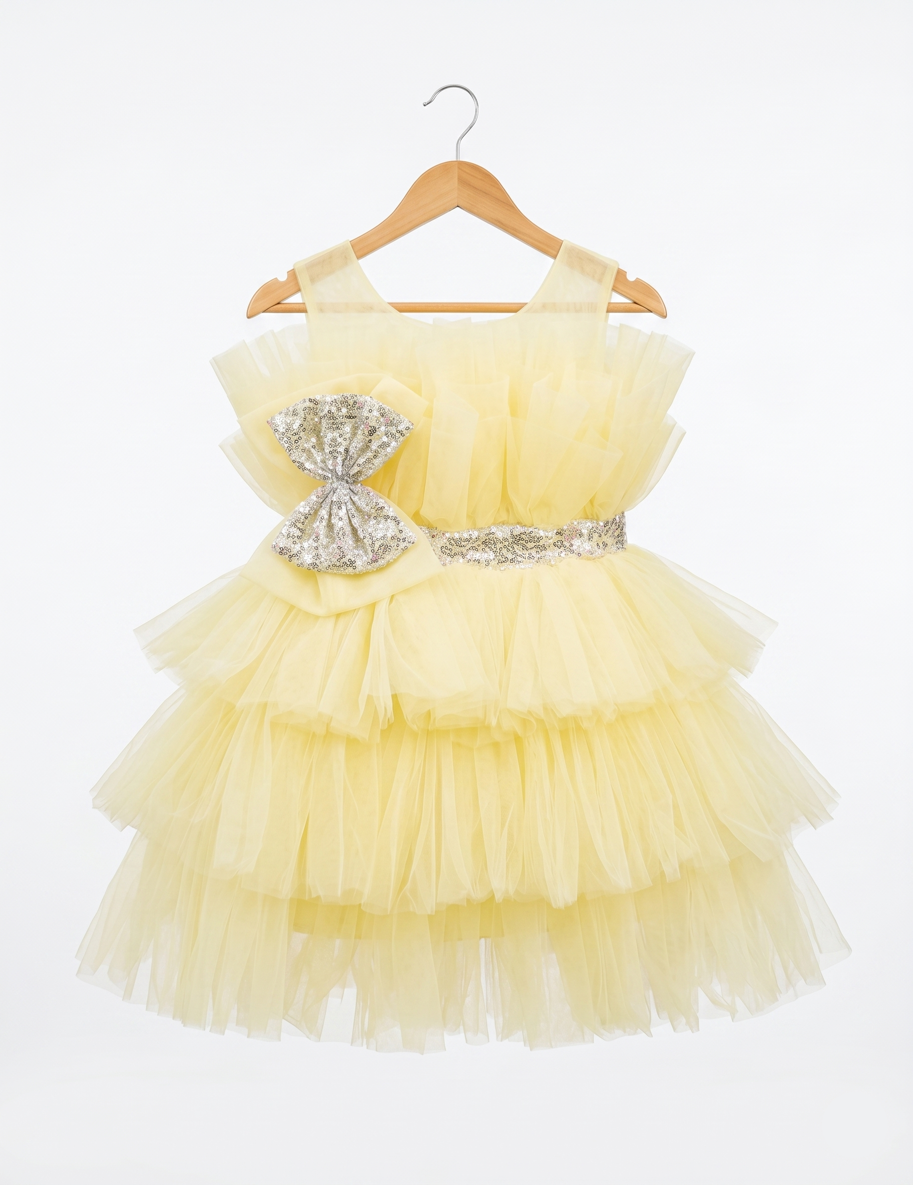 Yellow Tulle Ruffle Party Dress with Sequin Bow