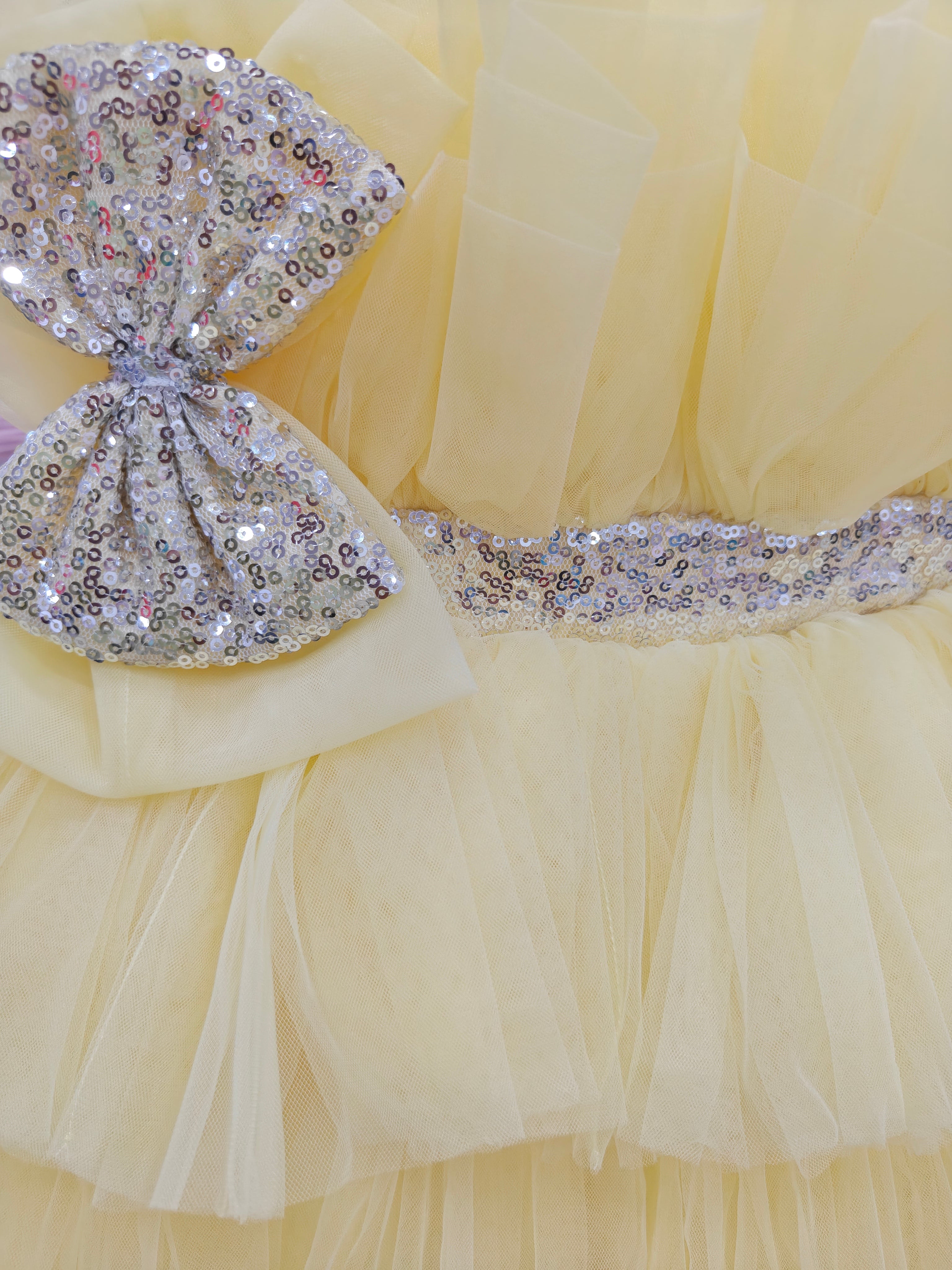 Yellow Tulle Ruffle Party Dress with Sequin Bow