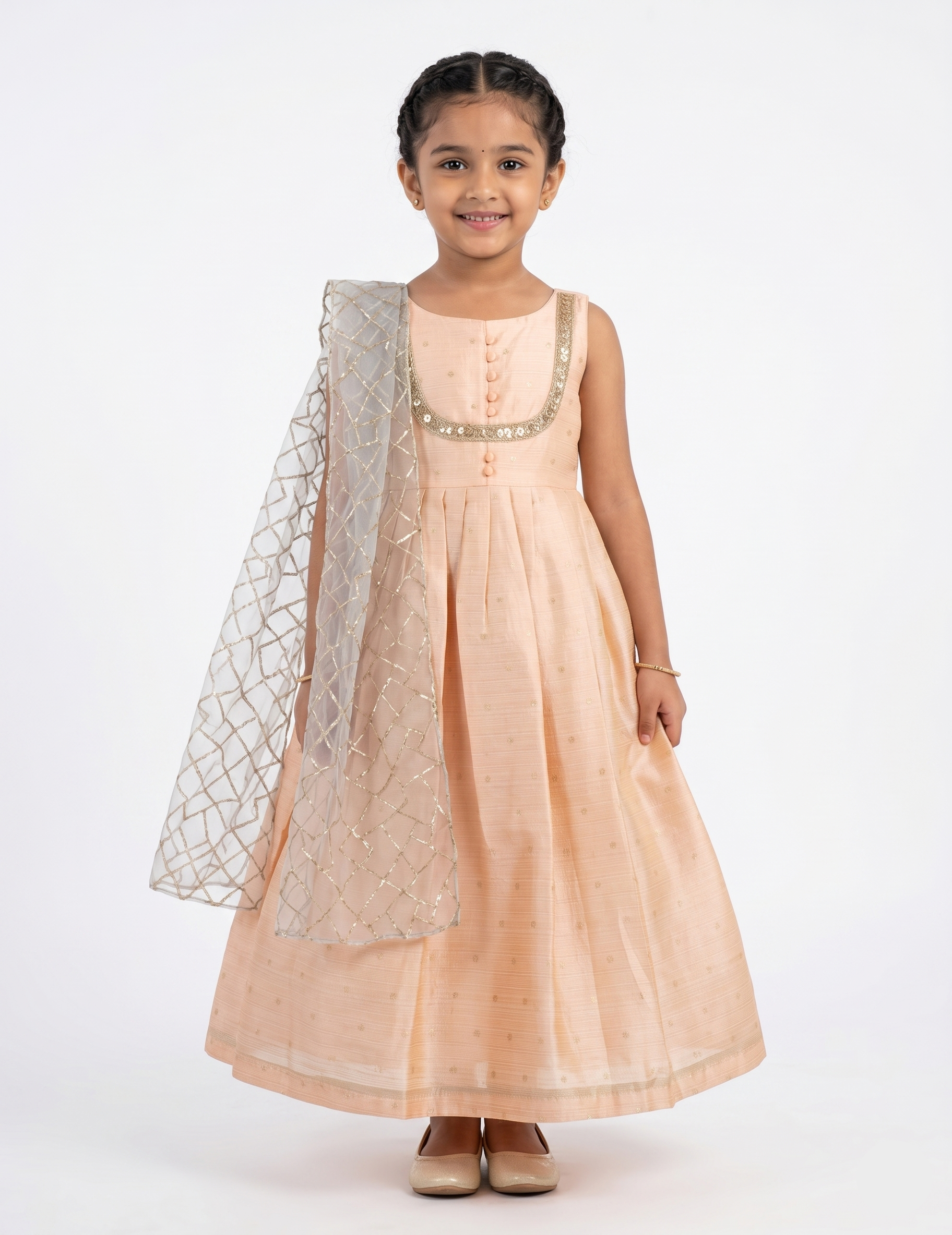 Girls Peach Party Wear Gown | Kids Silk Indian Ethnic Dress with Silver Dupatta