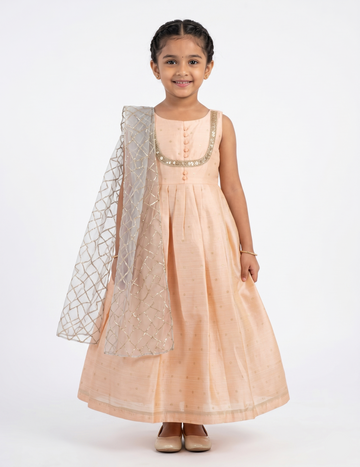 Girls Peach Party Wear Gown | Kids Silk Indian Ethnic Dress with Silver Dupatta