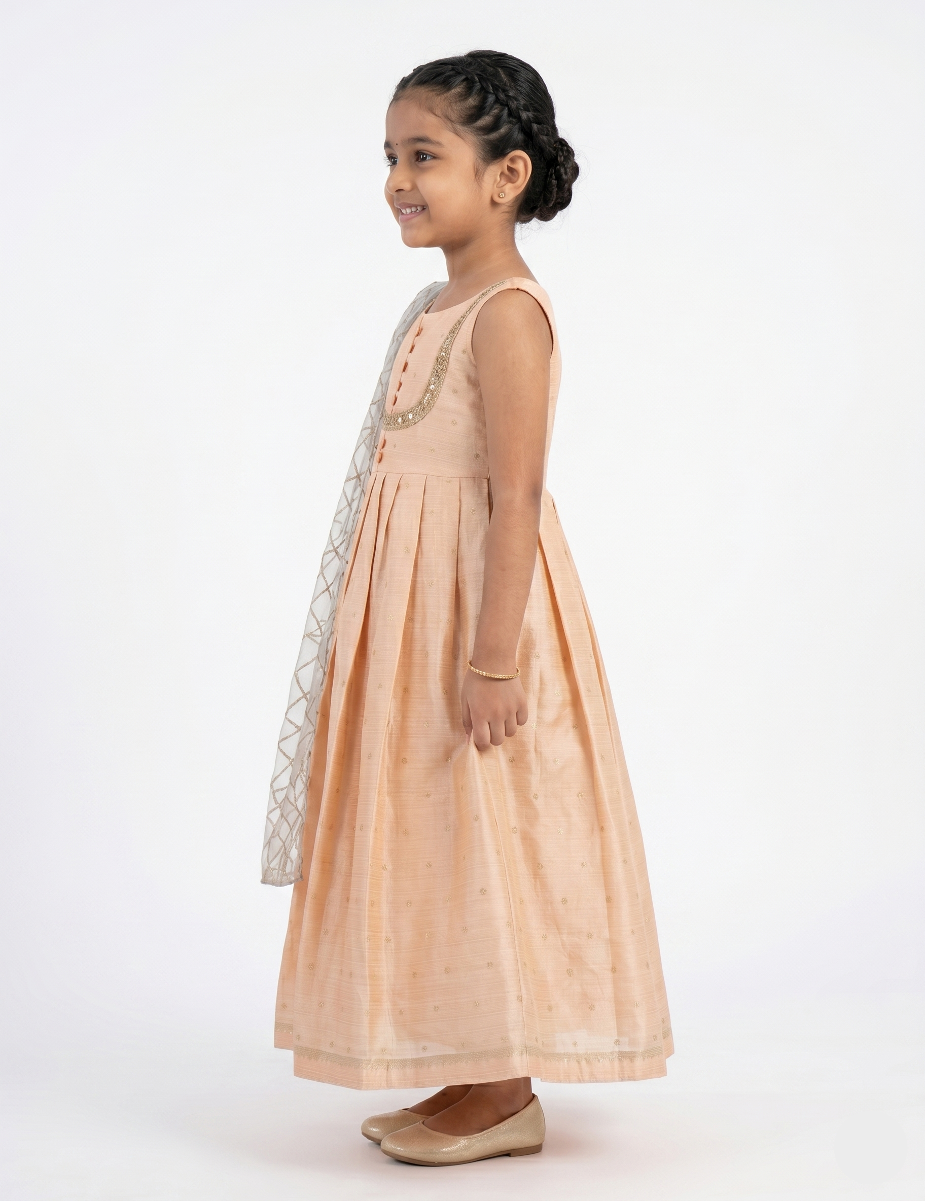 Girls Peach Party Wear Gown | Kids Silk Indian Ethnic Dress with Silver Dupatta