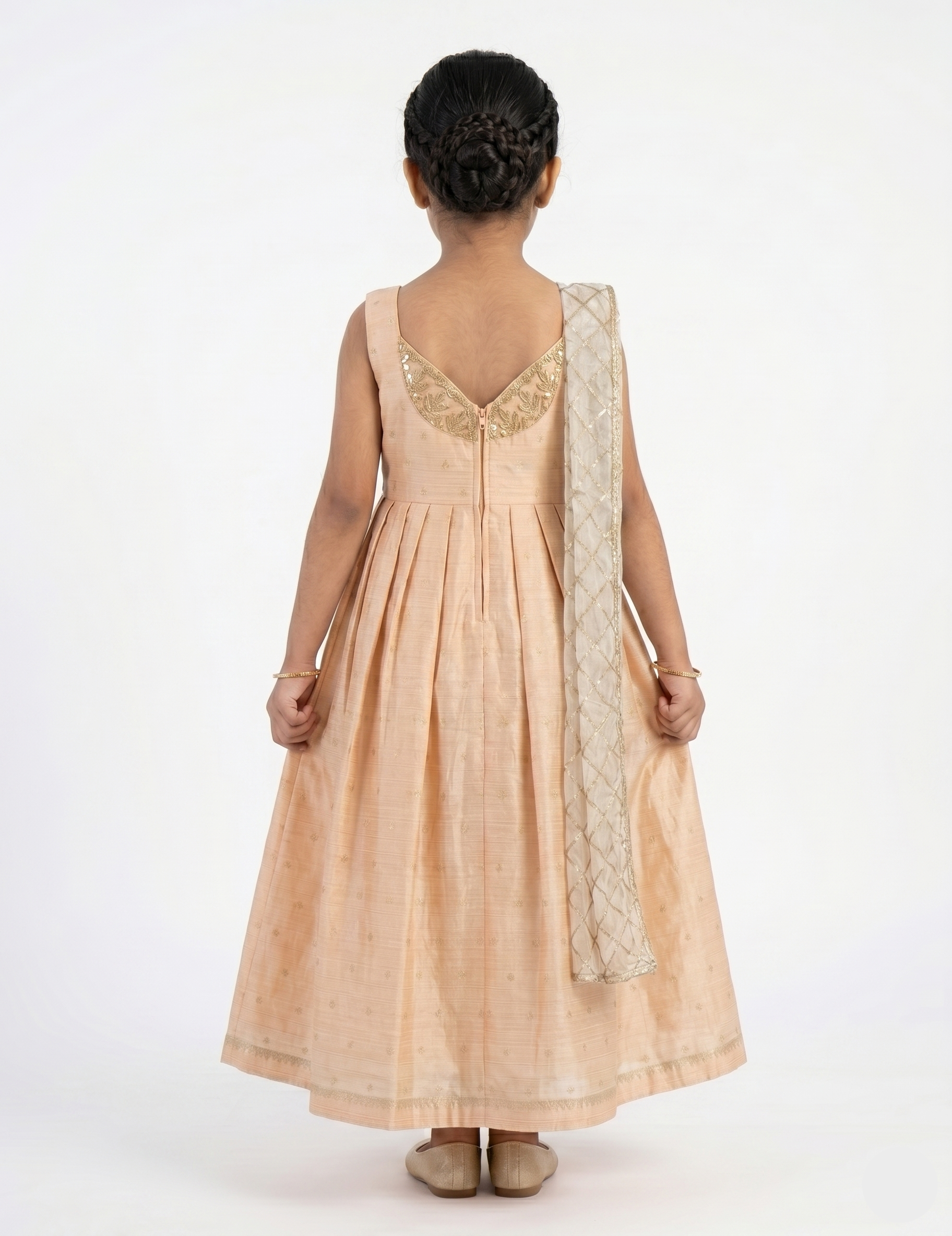 Girls Peach Party Wear Gown | Kids Silk Indian Ethnic Dress with Silver Dupatta