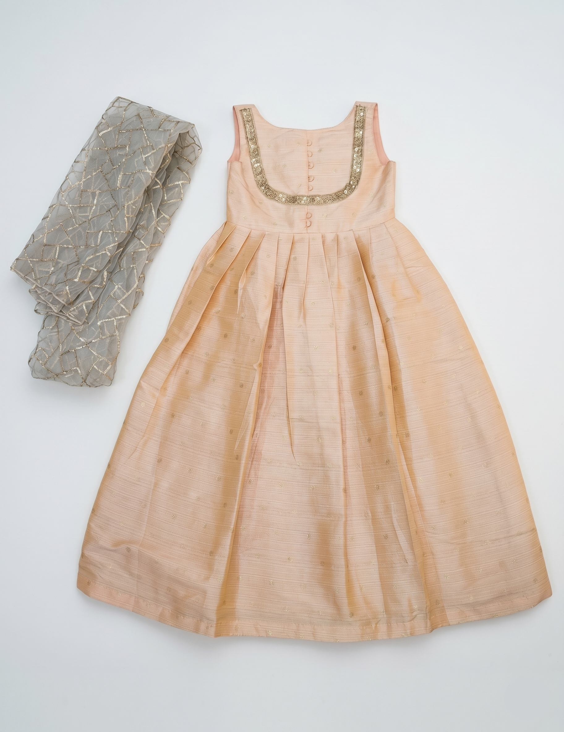 Girls Peach Party Wear Gown | Kids Silk Indian Ethnic Dress with Silver Dupatta