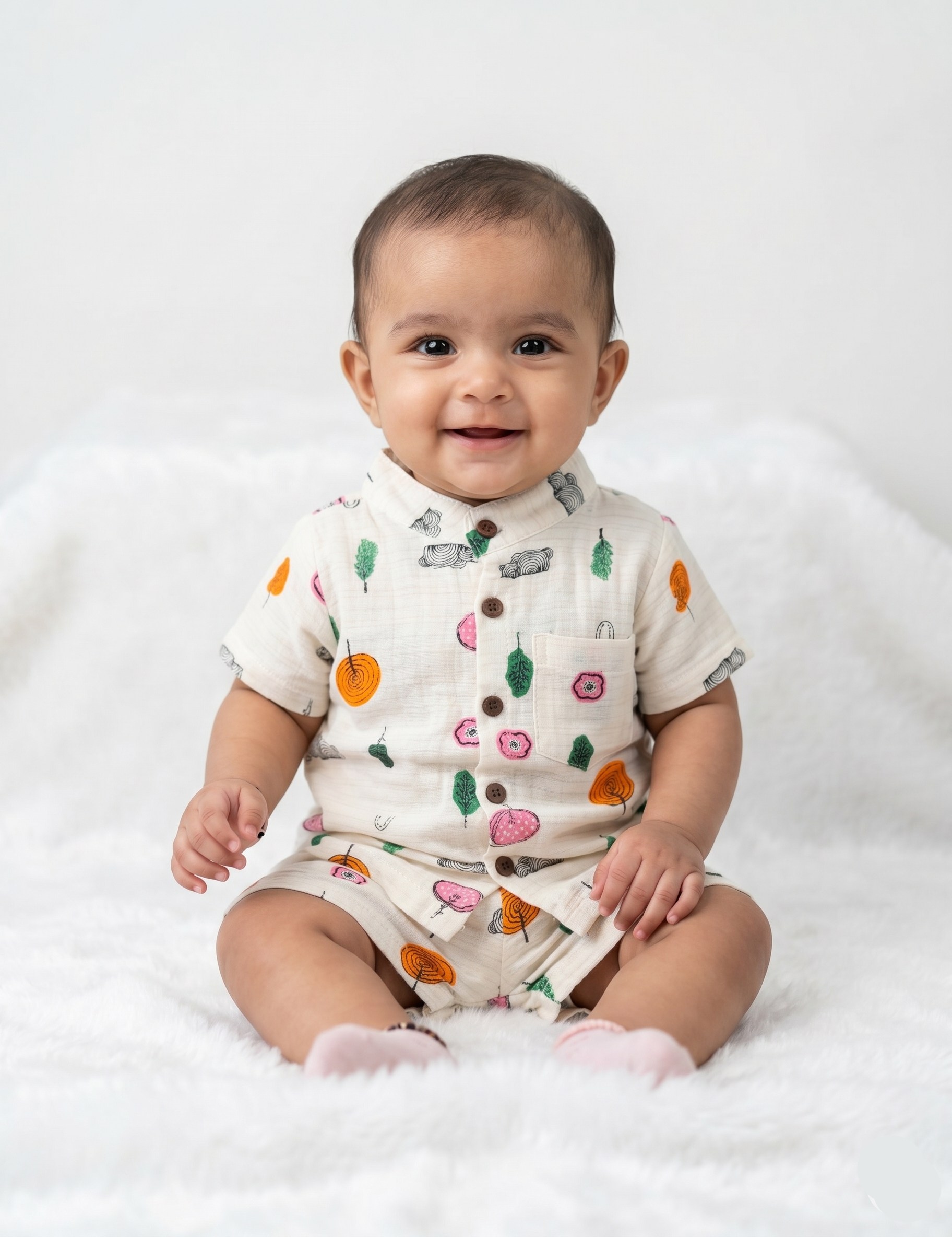 Soft Muslin Button-Down Shirt and Shorts Set – Whimsical Forest Print