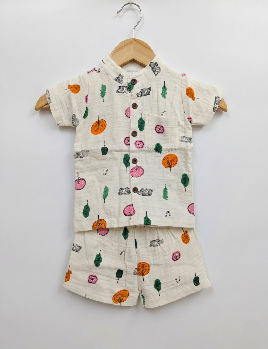 Soft Muslin Button-Down Shirt and Shorts Set – Whimsical Forest Print