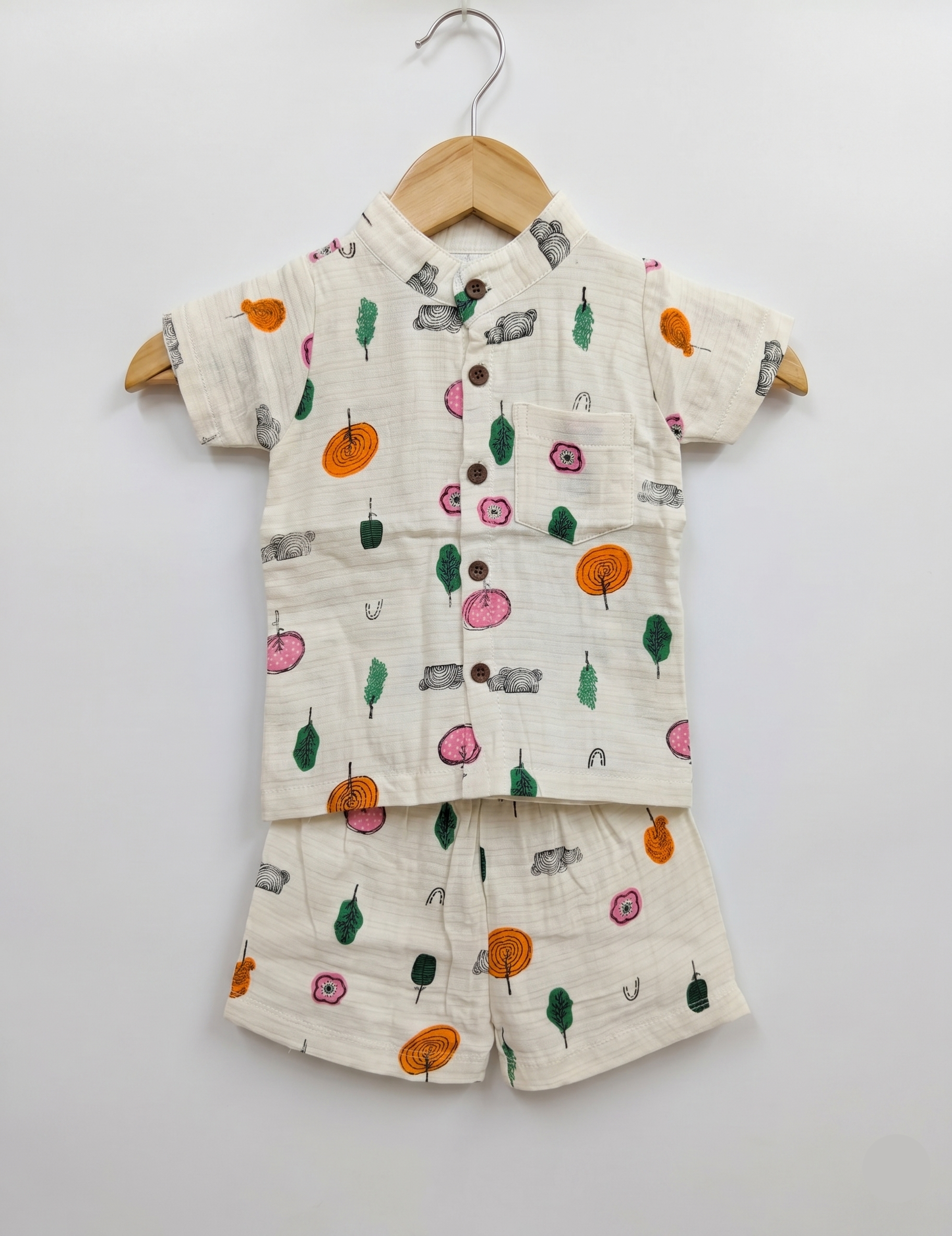 Soft Muslin Button-Down Shirt and Shorts Set – Whimsical Forest Print