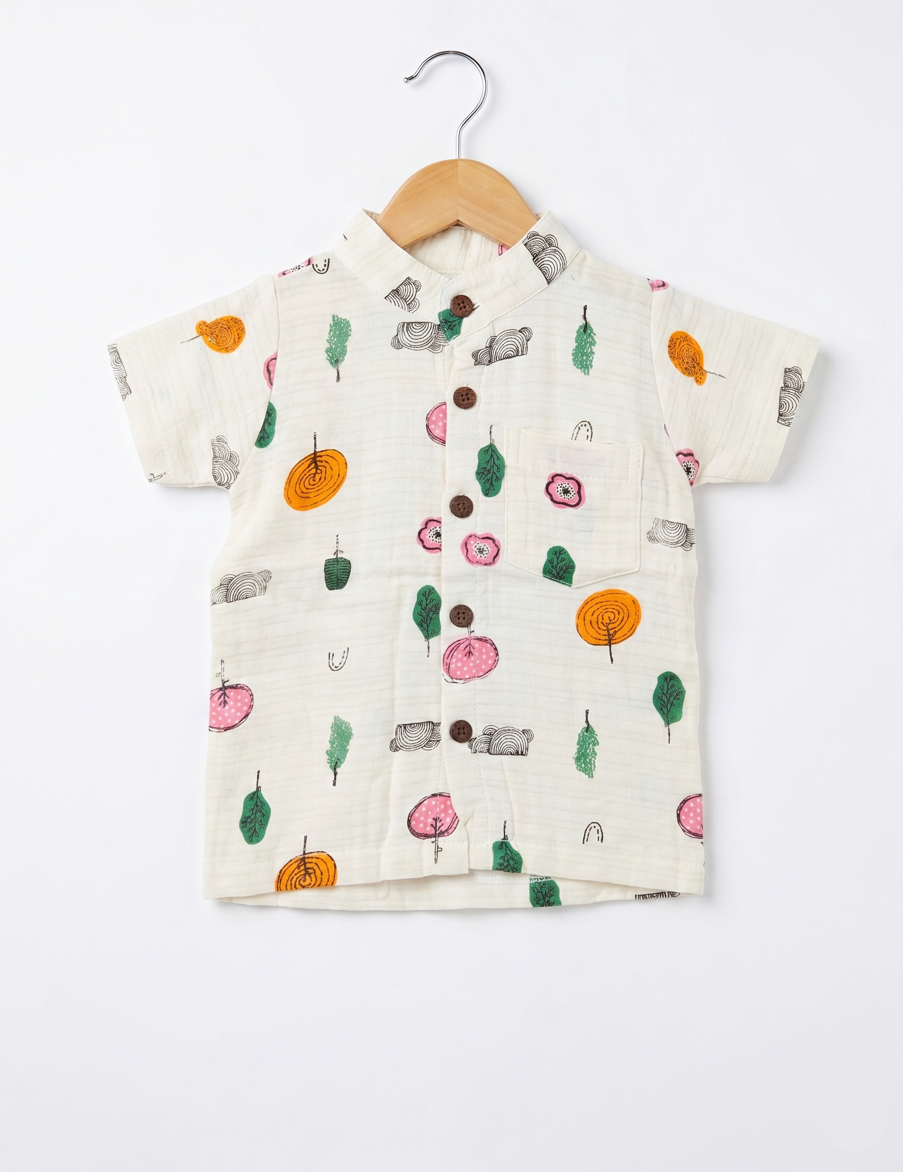 Soft Muslin Button-Down Shirt and Shorts Set – Whimsical Forest Print