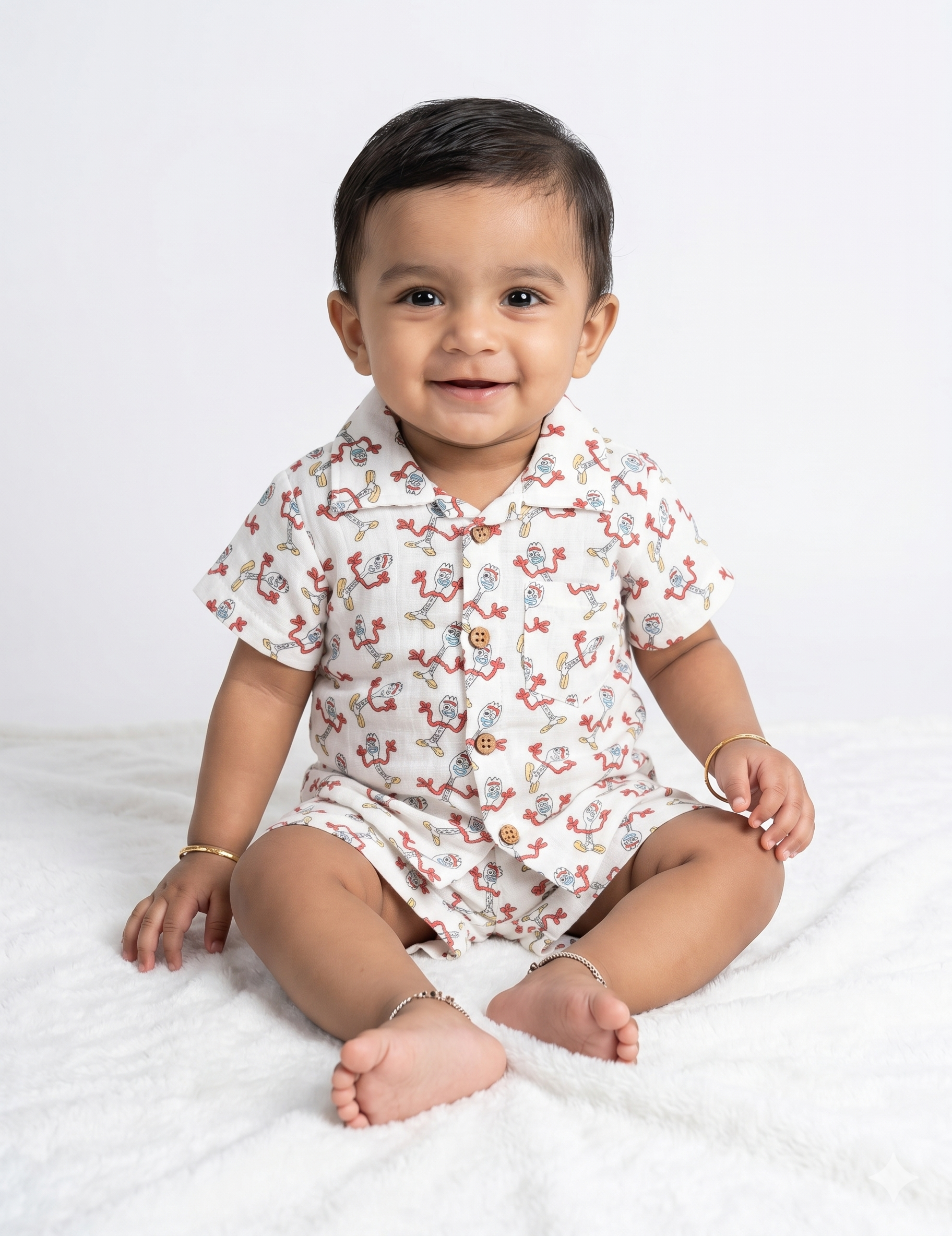 Soft Muslin Cotton Button-Down Shirt & Shorts Set - Fun Character Print