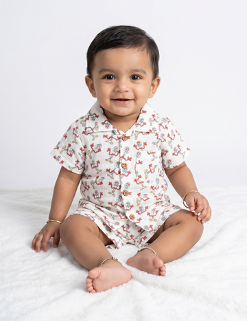 Soft Muslin Cotton Button-Down Shirt & Shorts Set - Fun Character Print