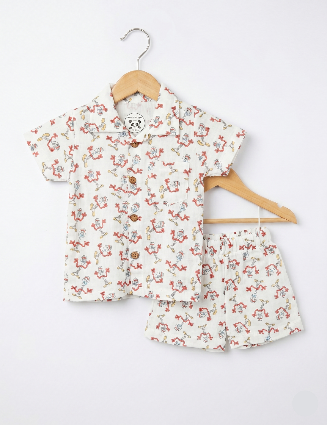 Soft Muslin Cotton Button-Down Shirt & Shorts Set - Fun Character Print