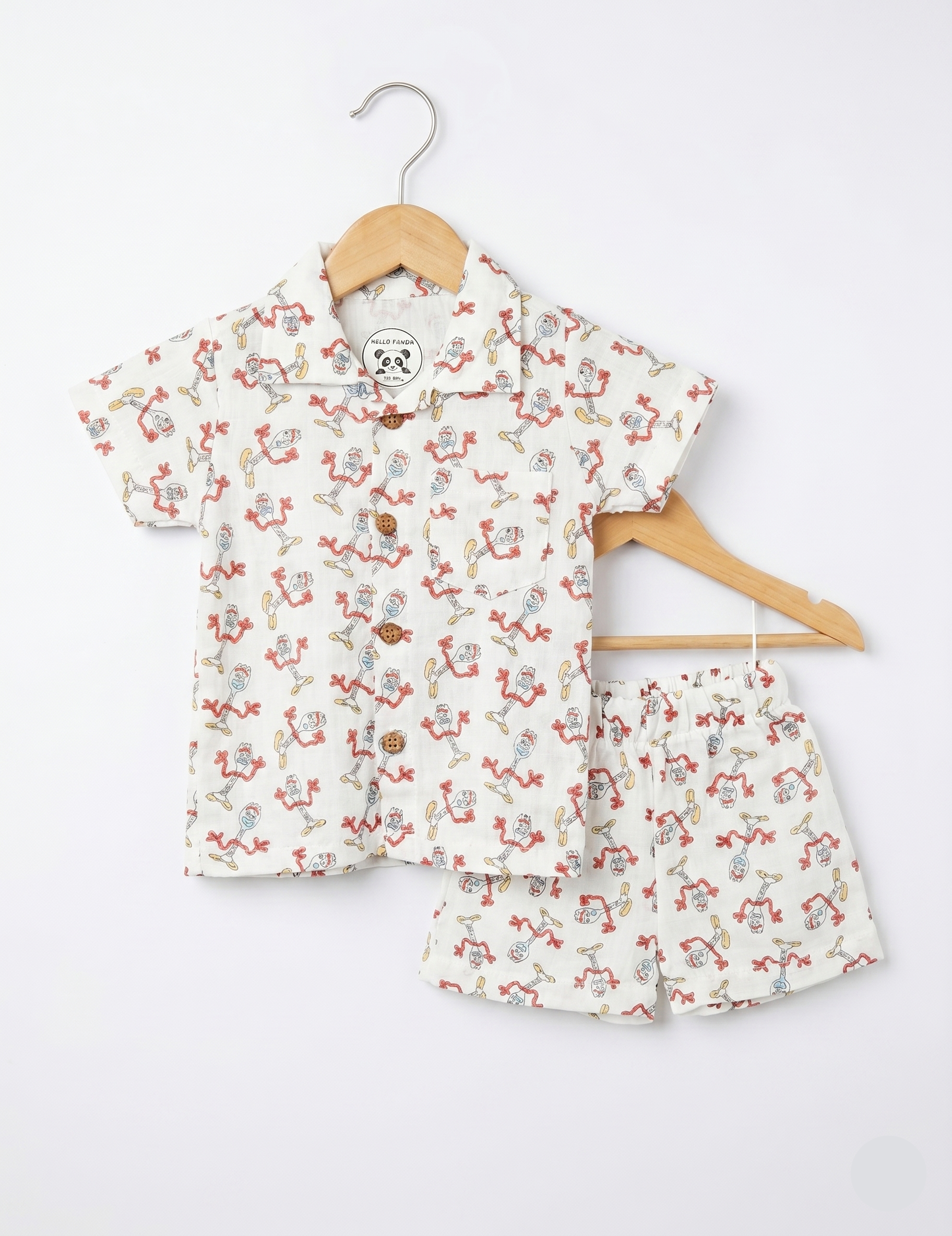 Soft Muslin Cotton Button-Down Shirt & Shorts Set - Fun Character Print