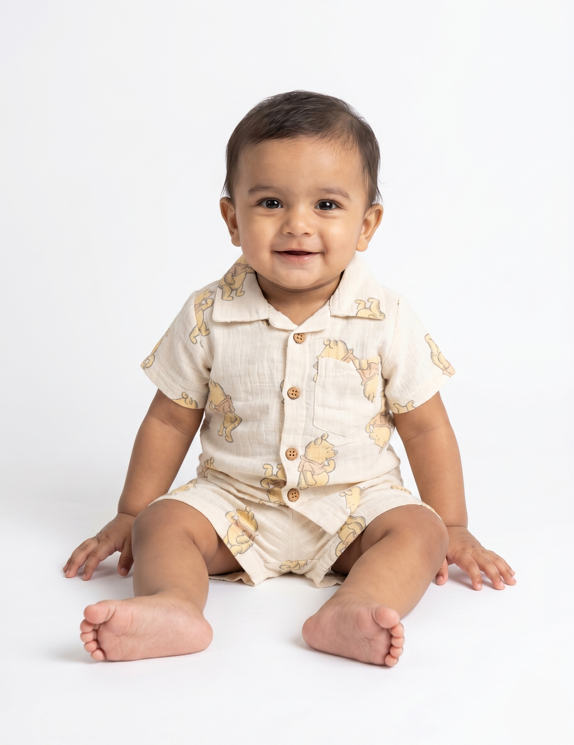 Soft Muslin Button-Down Shirt & Shorts Set - Classic Bear Print