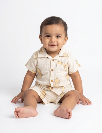 Soft Muslin Button-Down Shirt & Shorts Set - Classic Bear Print