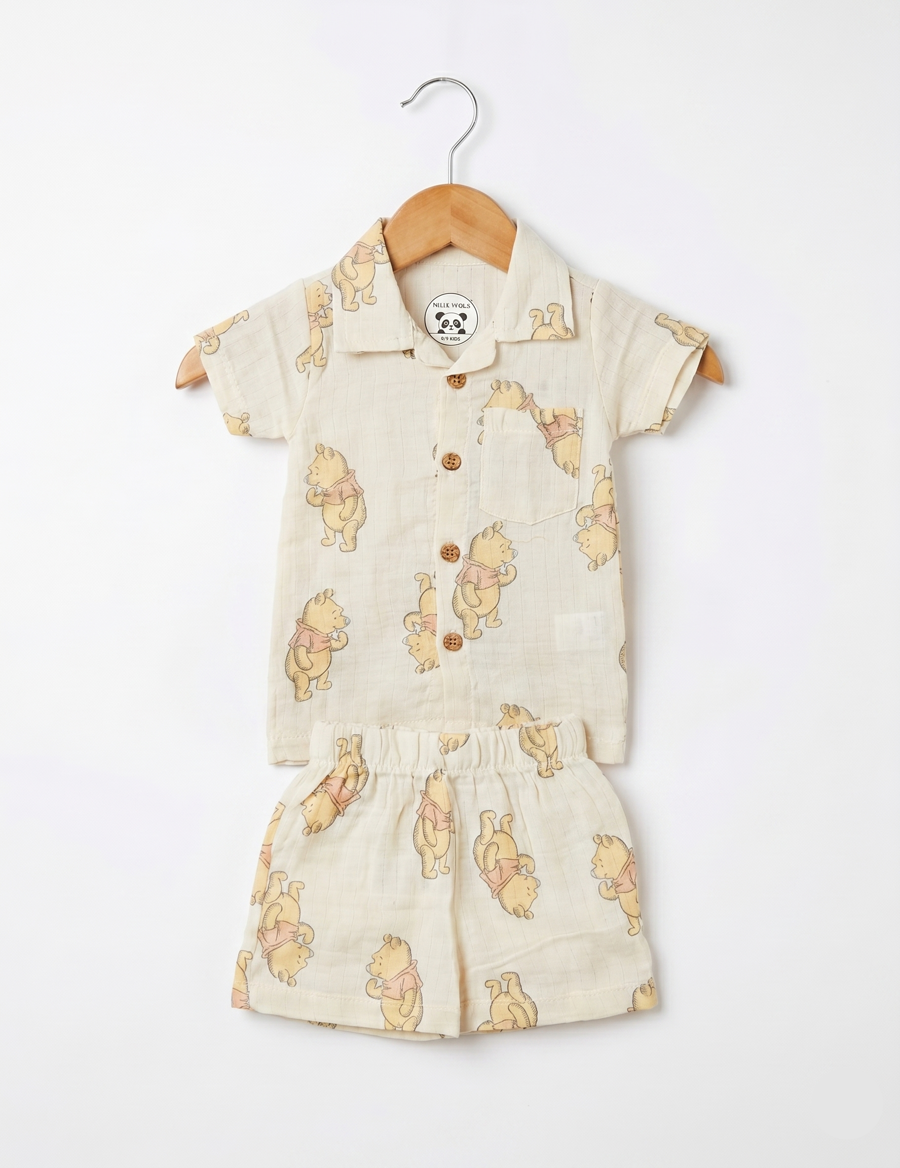 Soft Muslin Button-Down Shirt & Shorts Set - Classic Bear Print