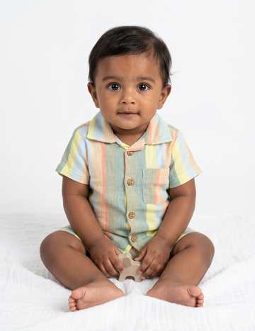 Soft Muslin Button-Down Shirt & Shorts Set - Pastel Stripe