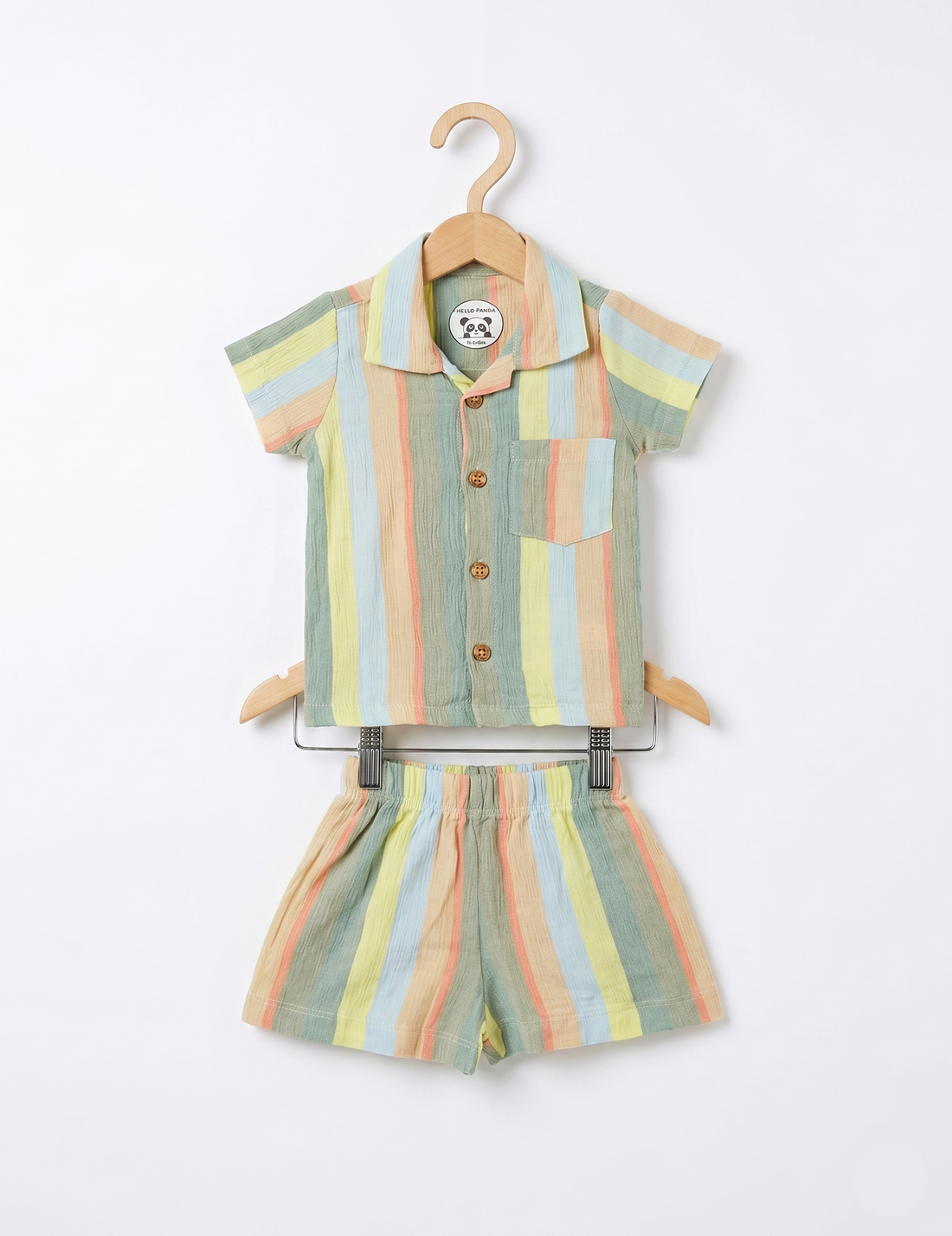 Soft Muslin Button-Down Shirt & Shorts Set - Pastel Stripe