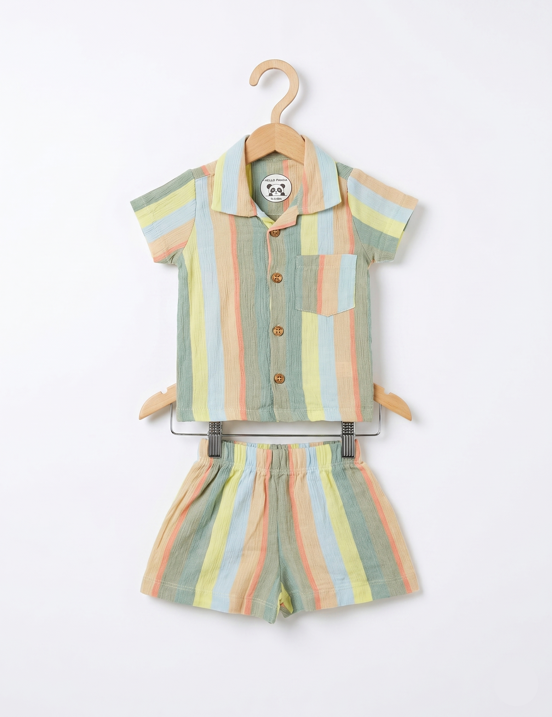 Soft Muslin Button-Down Shirt & Shorts Set - Pastel Stripe