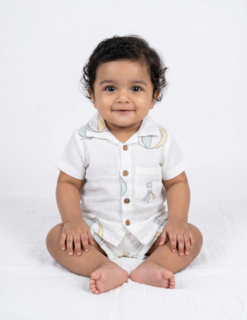 Soft Muslin Button-Down Shirt & Shorts Set - Hot Air Balloon Print