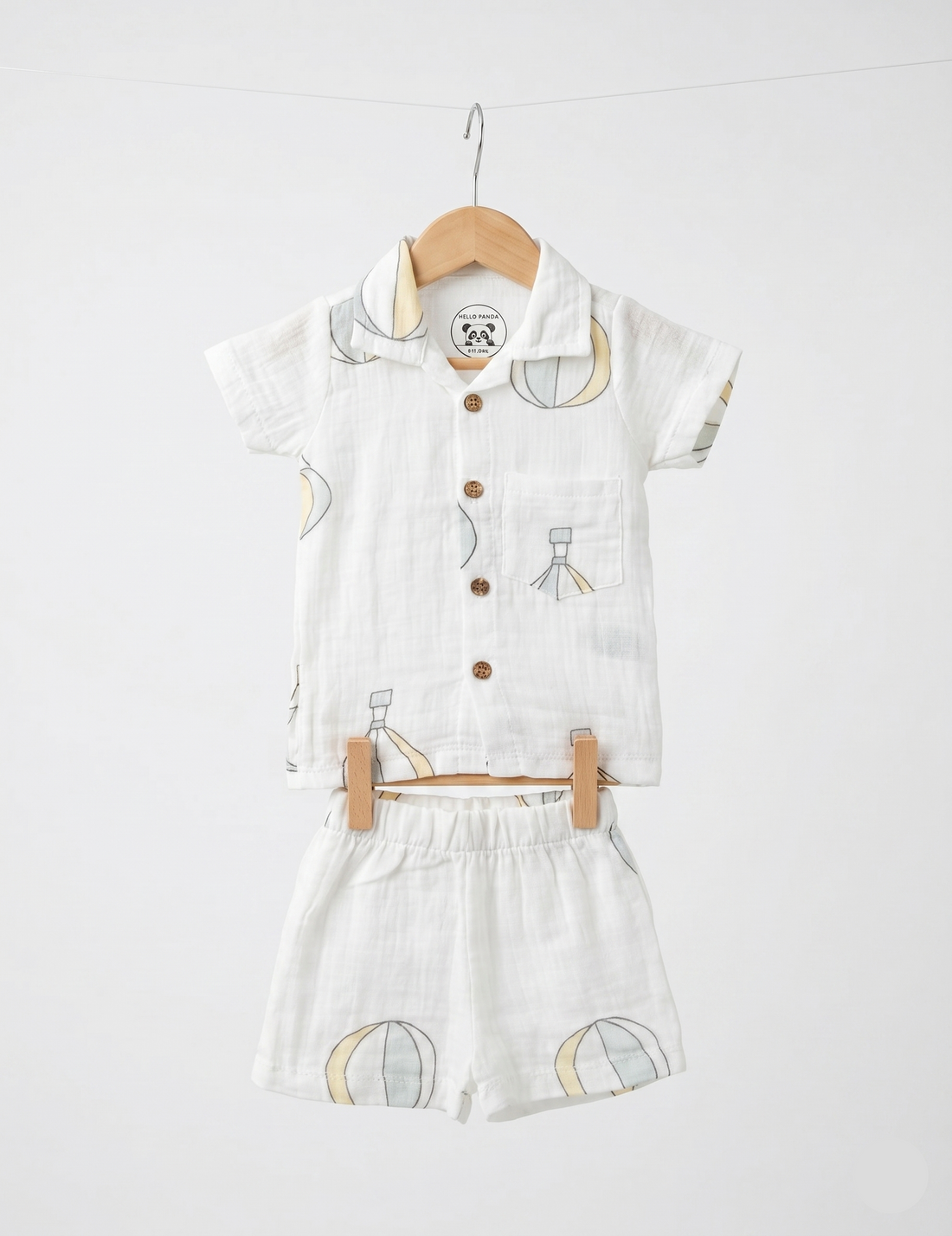 Soft Muslin Button-Down Shirt & Shorts Set - Hot Air Balloon Print