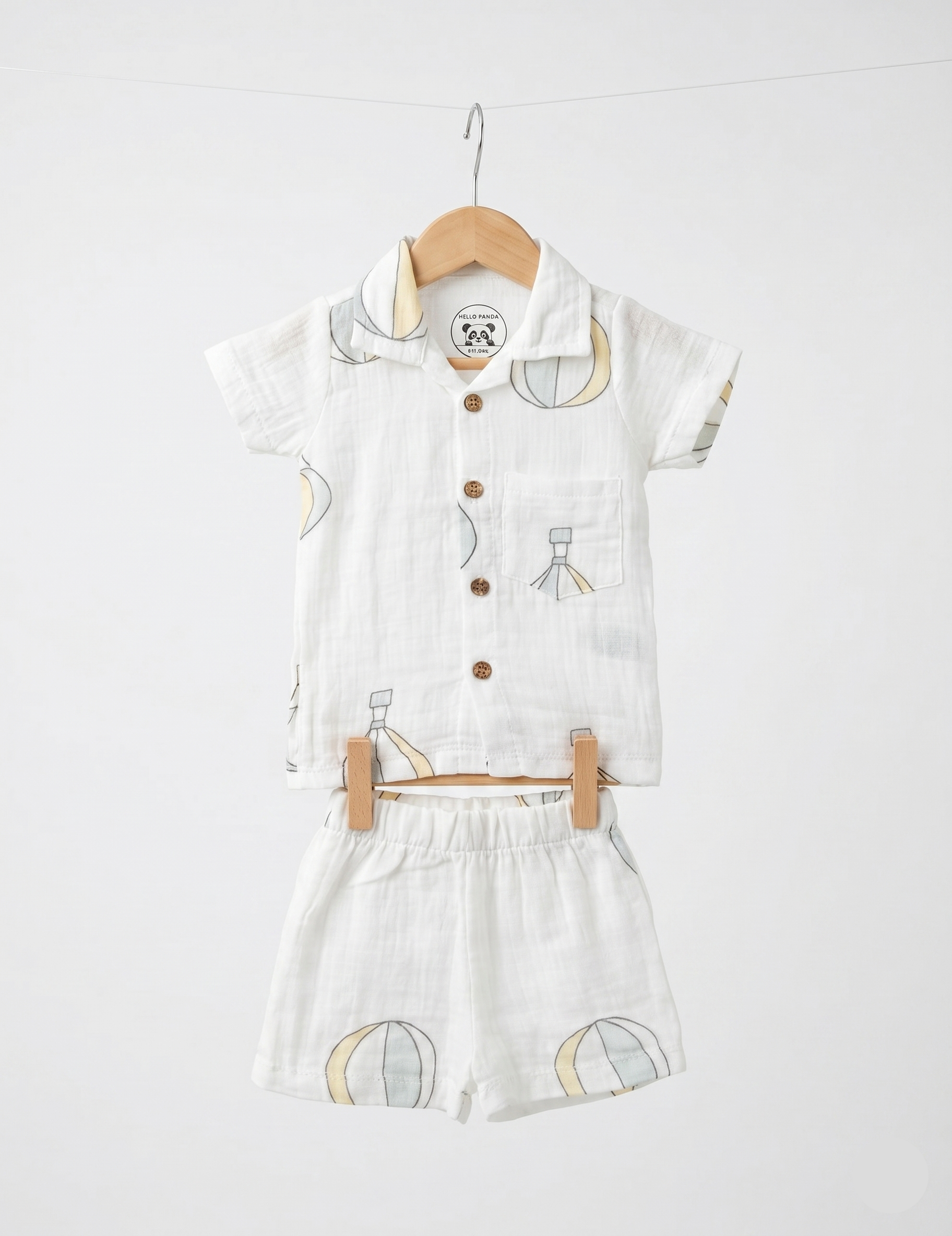 Soft Muslin Button-Down Shirt & Shorts Set - Hot Air Balloon Print