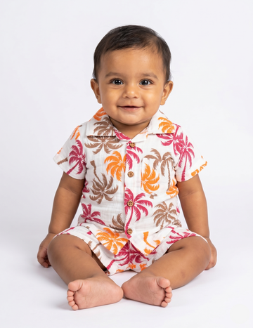 Soft Muslin Button-Down Shirt & Shorts Set - Tropical Palm Print