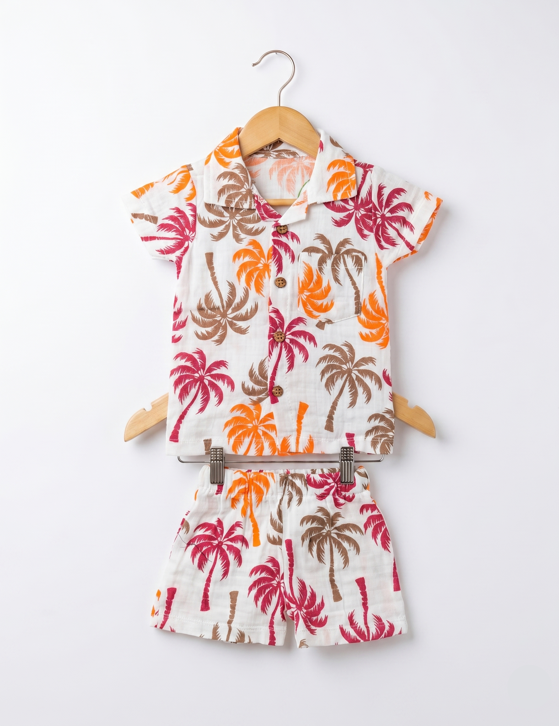 Soft Muslin Button-Down Shirt & Shorts Set - Tropical Palm Print
