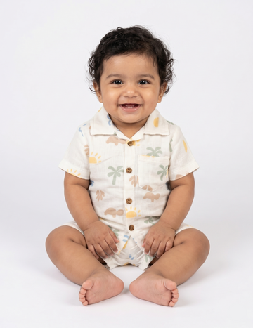 Soft Muslin Button-Down Shirt & Shorts Set - Tropical Summer Print