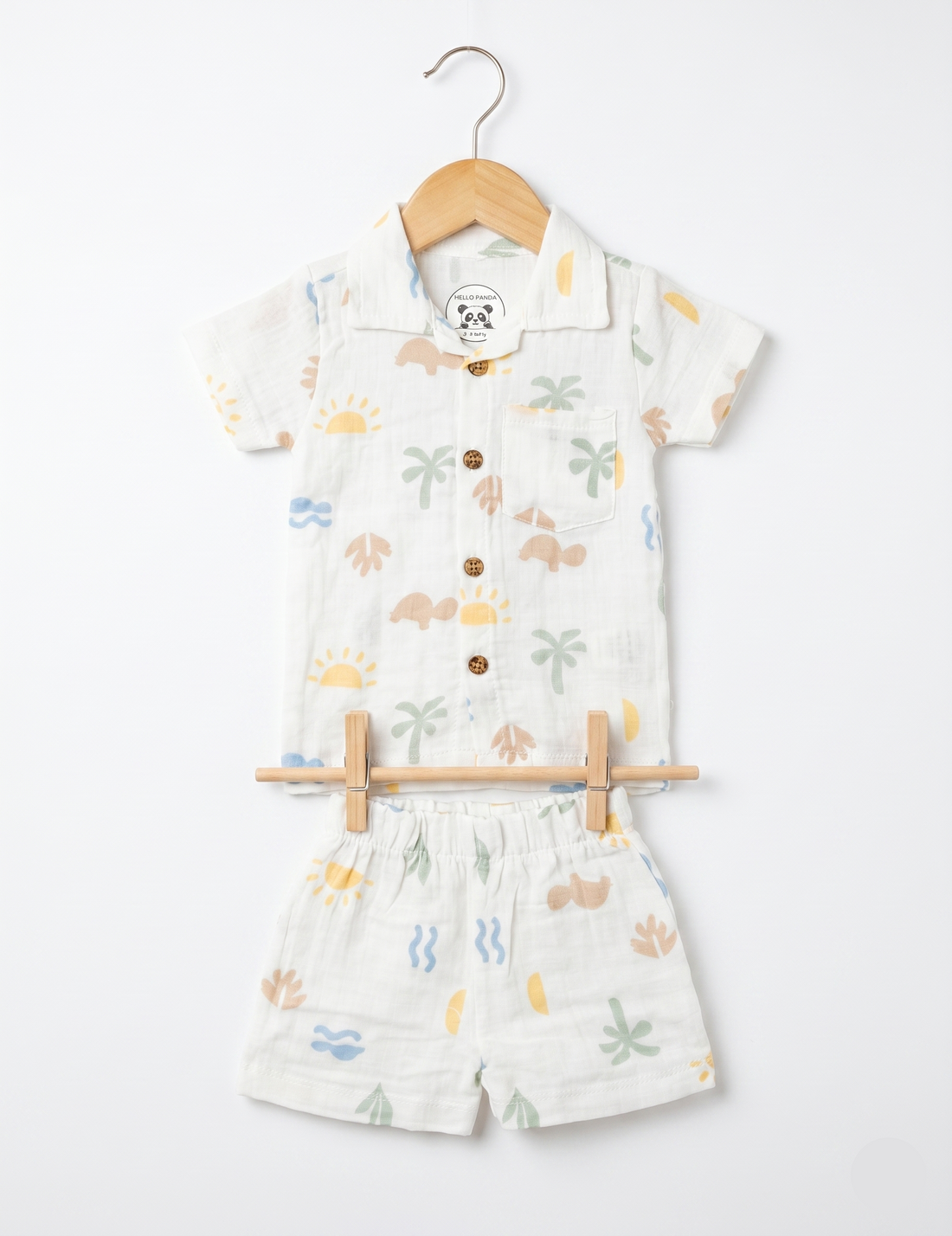 Soft Muslin Button-Down Shirt & Shorts Set - Tropical Summer Print