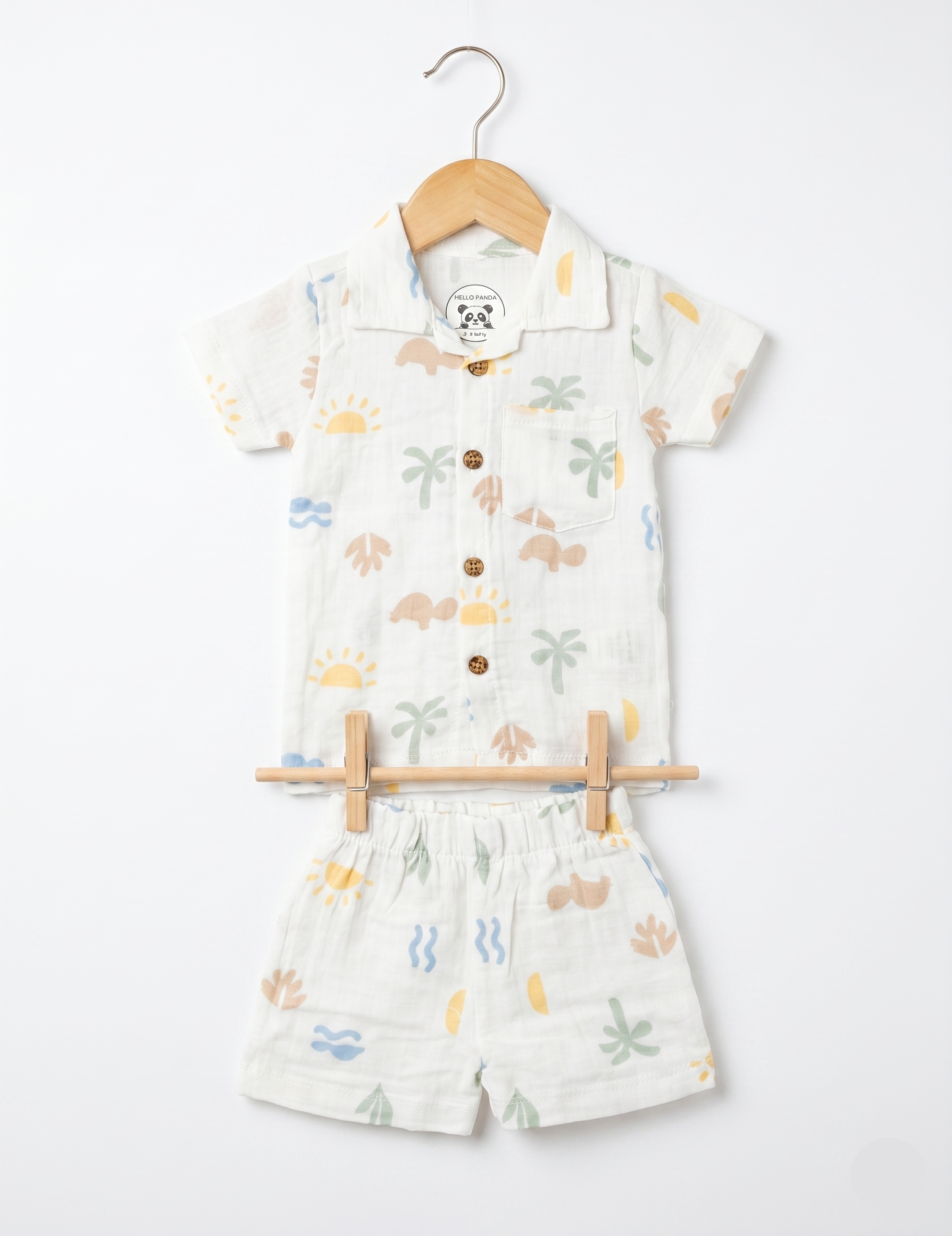 Soft Muslin Button-Down Shirt & Shorts Set - Tropical Summer Print