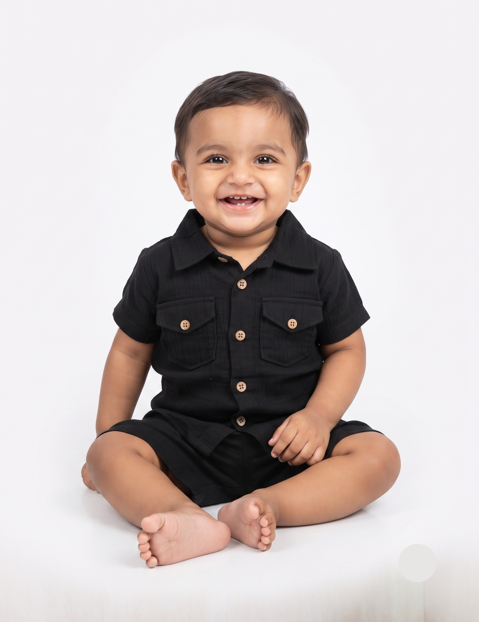 Black Muslin Button-Down Shirt and Shorts Set for Kids