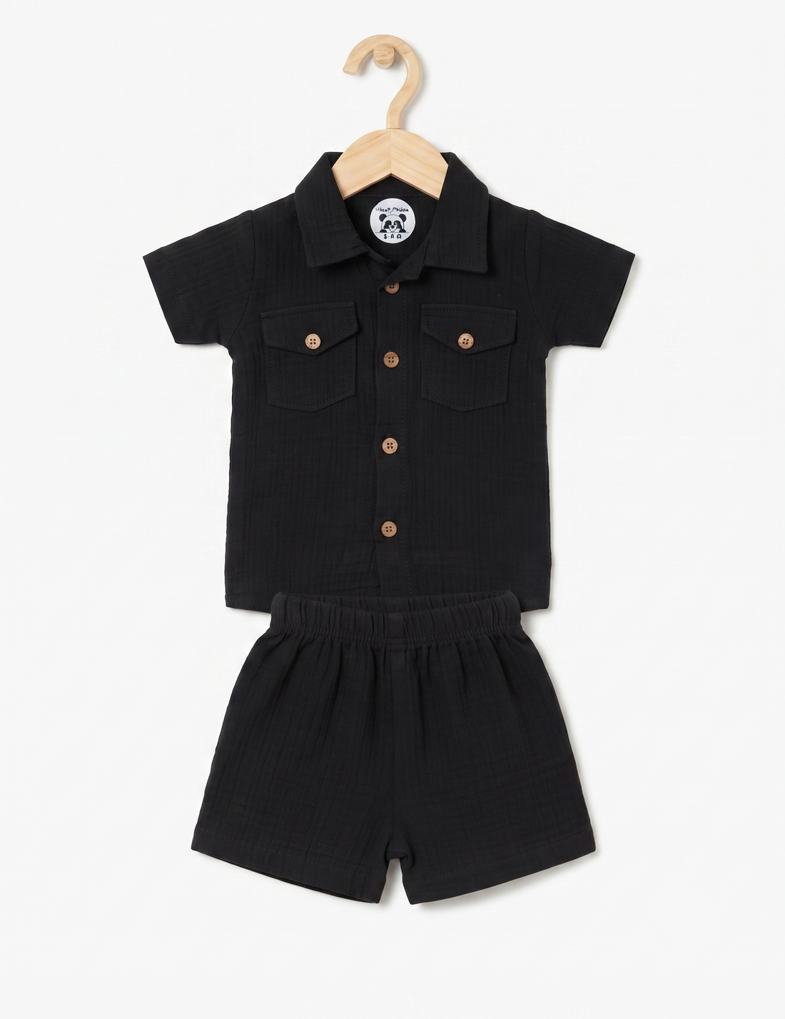 Black Muslin Button-Down Shirt and Shorts Set for Kids