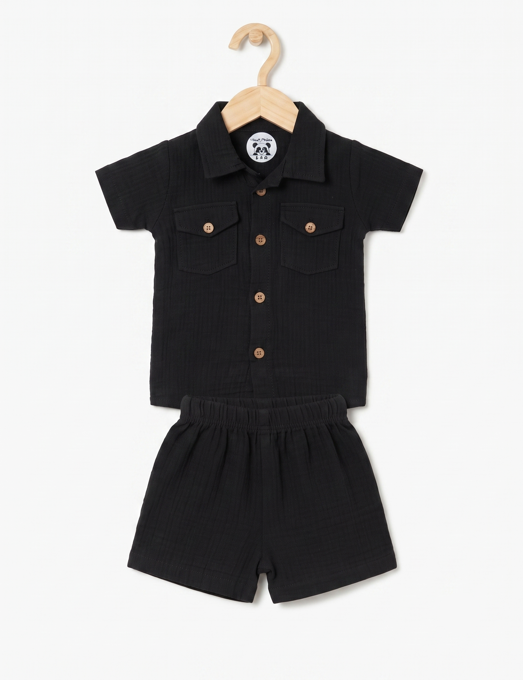 Black Muslin Button-Down Shirt and Shorts Set for Kids