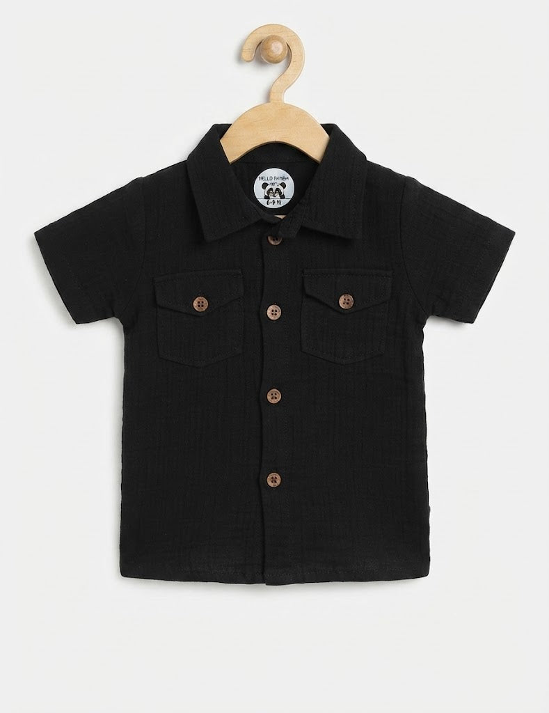 Black Muslin Button-Down Shirt and Shorts Set for Kids
