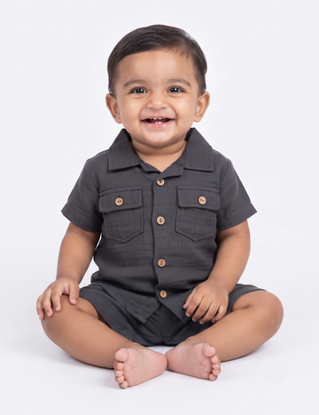 Charcoal Grey Muslin Button-Down Shirt and Shorts Set for Kids