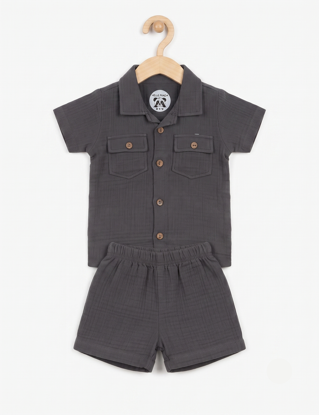 Charcoal Grey Muslin Button-Down Shirt and Shorts Set for Kids