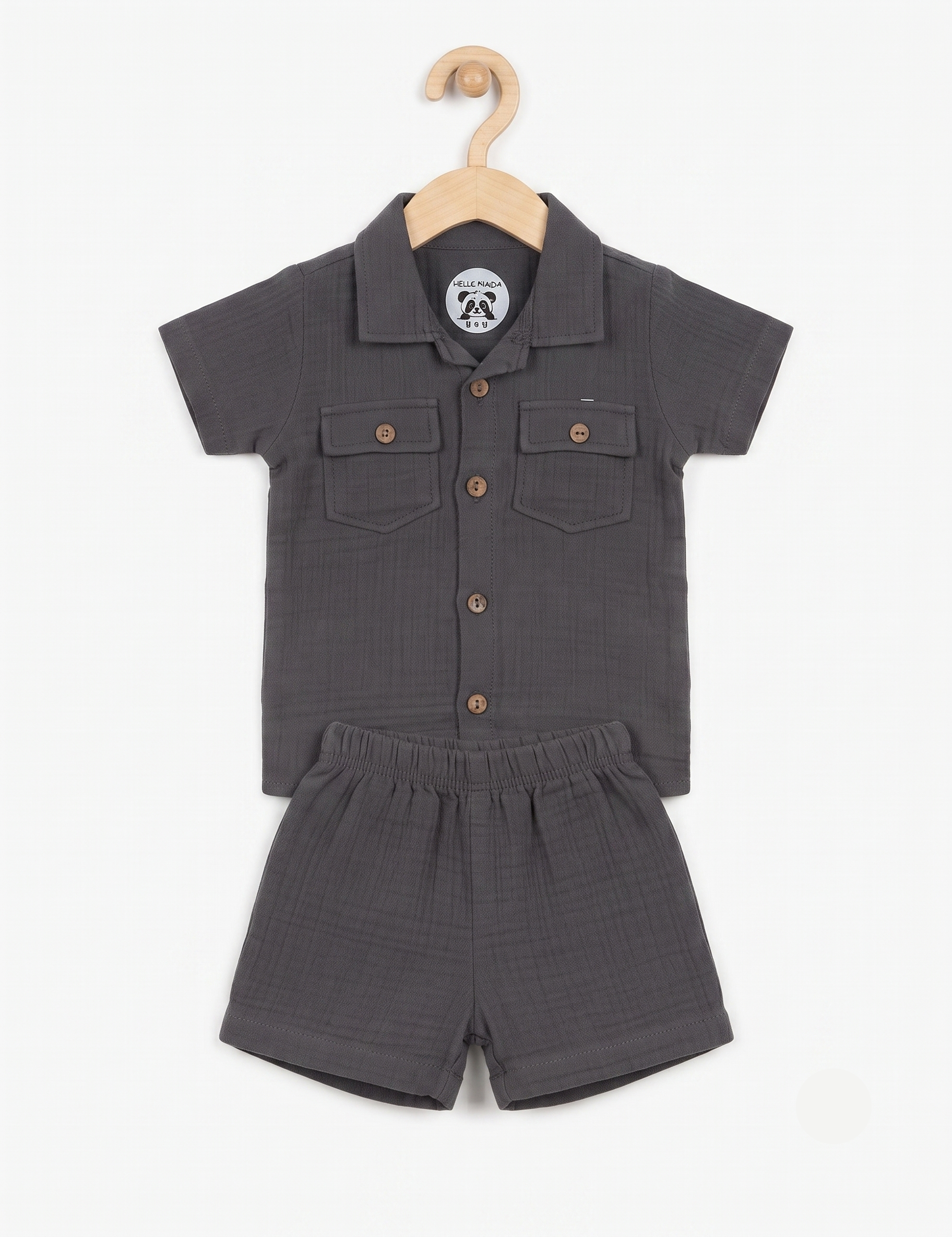 Charcoal Grey Muslin Button-Down Shirt and Shorts Set for Kids