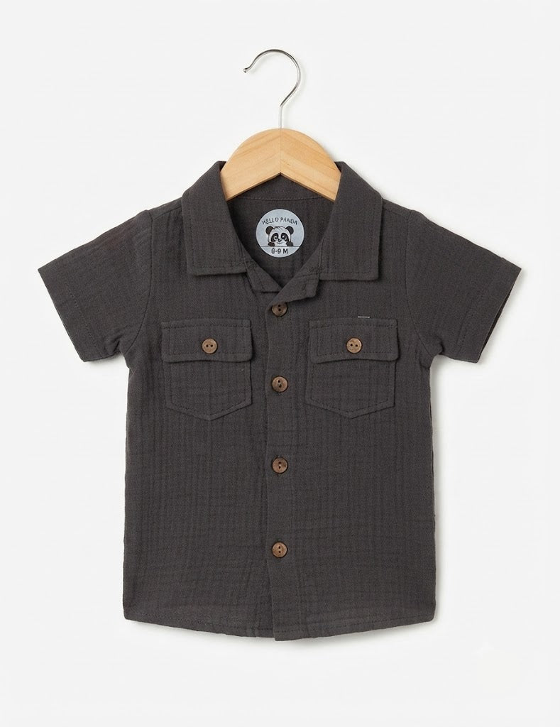 Charcoal Grey Muslin Button-Down Shirt and Shorts Set for Kids