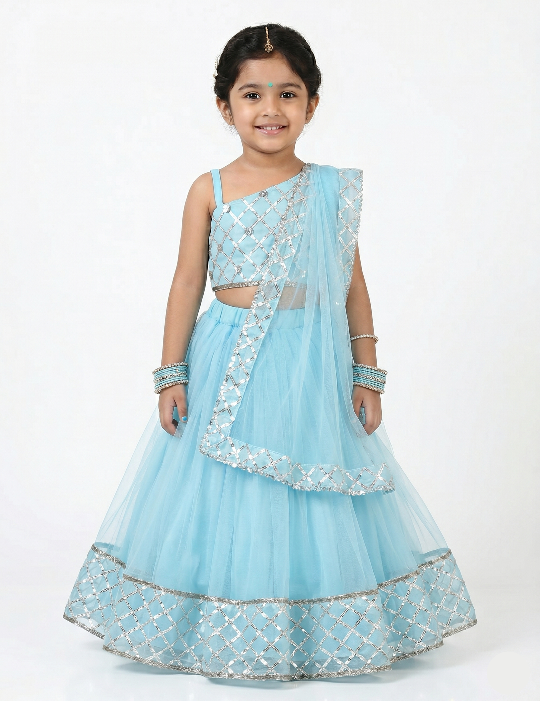 Girls Blue Net Lehenga Choli with Gota Patti Work | Kids Indian Festive Dress