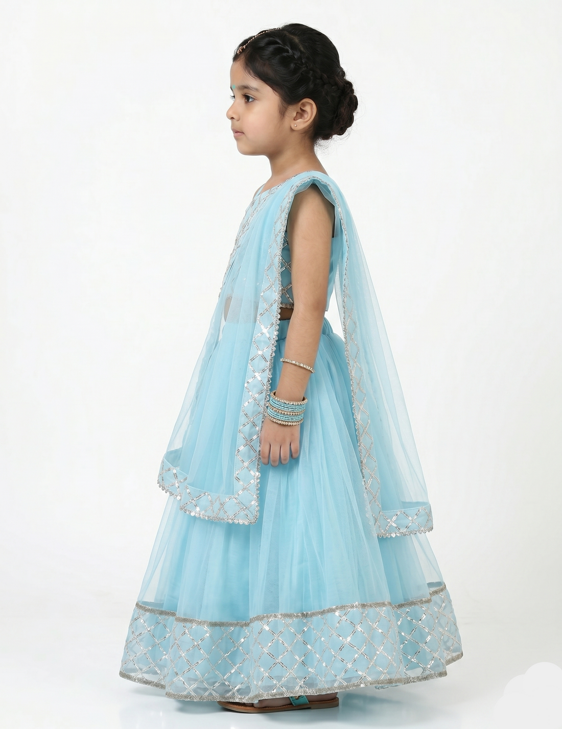 Girls Blue Net Lehenga Choli with Gota Patti Work | Kids Indian Festive Dress